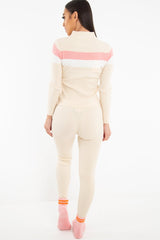Beige Rib Knit Colour Block Loungewear Set - Jaysie-Loungewear