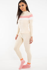 Beige Rib Knit Colour Block Loungewear Set - Jaysie-Loungewear