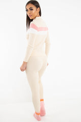 Beige Rib Knit Colour Block Loungewear Set - Jaysie-Loungewear