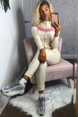 Beige Rib Knit Colour Block Loungewear Set - Jaysie-Loungewear