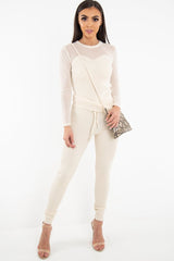 Beige Rib Knit Mesh Insert Loungewear Set - Genavie-Loungewear