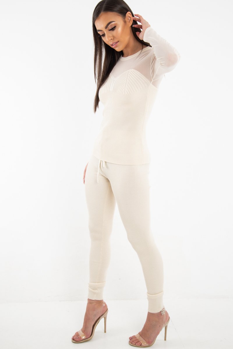Beige Rib Knit Mesh Insert Loungewear Set - Genavie-Loungewear
