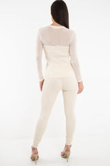 Beige Rib Knit Mesh Insert Loungewear Set - Genavie-Loungewear