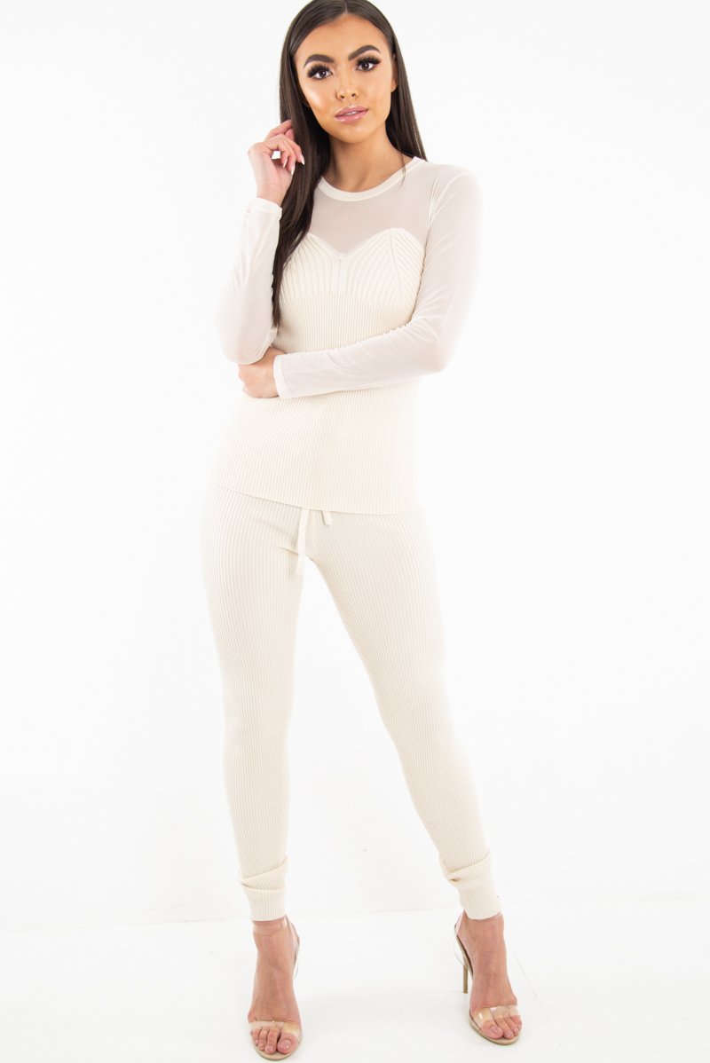 Beige Rib Knit Mesh Insert Loungewear Set - Genavie-Loungewear