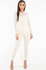 Beige Rib Knit Mesh Insert Loungewear Set - Genavie-Loungewear