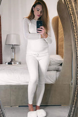 Beige Rib Knit Mesh Insert Loungewear Set - Genavie-Loungewear