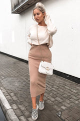 Beige Rib Knitted Midi Skirt - Kloey-Skirts