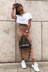 Beige Rib Knitted Midi Skirt - Kloey-Skirts