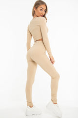 Beige Rib Ruched Front Crop Top Legging Loungewear Co-Ord - Victoria-Loungewear
