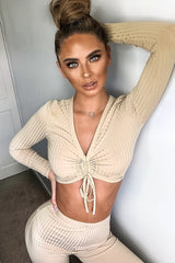 Beige Rib Ruched Front Crop Top Legging Loungewear Co-Ord - Victoria-Loungewear