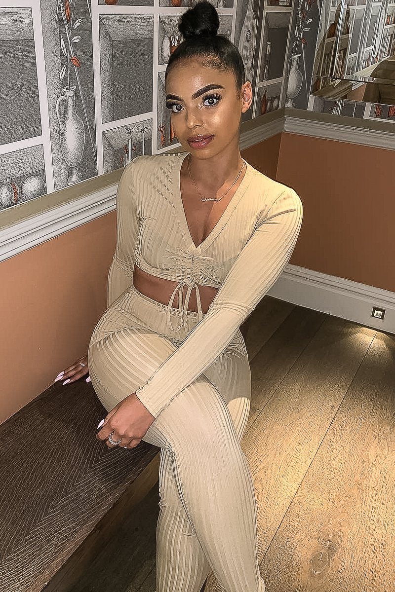 Beige Rib Ruched Front Crop Top Legging Loungewear Co-Ord - Victoria-Loungewear