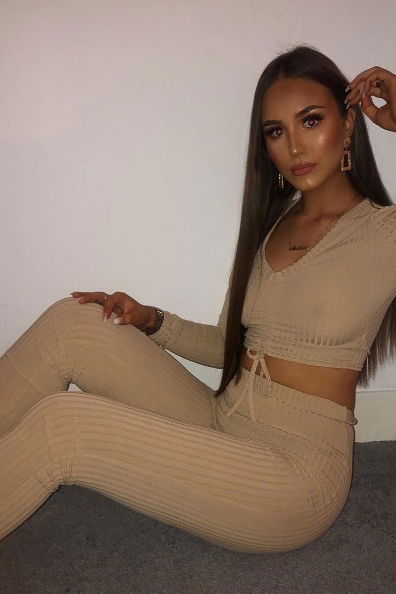 Beige Rib Ruched Front Crop Top Legging Loungewear Co-Ord - Victoria-Loungewear