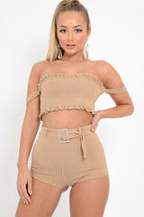 Beige Ribbed Bardot Crop Top and Shorts Co-ord - Elissa-Co-ords