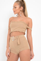 Beige Ribbed Bardot Crop Top and Shorts Co-ord - Elissa-Co-ords