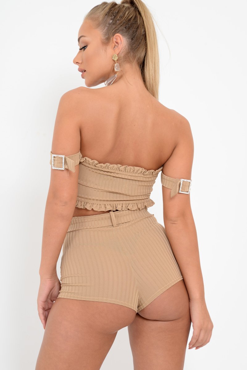 Beige Ribbed Bardot Crop Top and Shorts Co-ord - Elissa-Co-ords