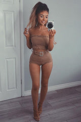 Beige Ribbed Bardot Crop Top and Shorts Co-ord - Elissa-Co-ords