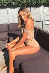 Beige Ribbed Bardot Crop Top and Shorts Co-ord - Elissa-Co-ords