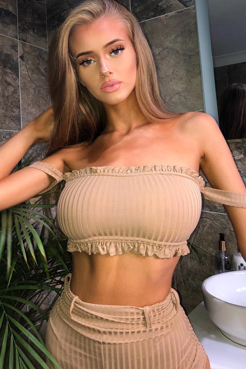 Beige Ribbed Bardot Crop Top and Shorts Co-ord - Elissa-Co-ords