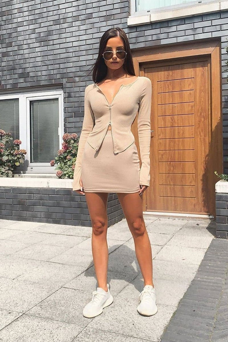 Beige Ribbed Bodycon Mini Skirt - Jasline-Skirts