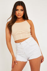 Beige Ribbed Corset Racer Crop Top - Frida-Crop Tops