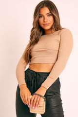 Beige Ribbed Corset Under Bust Crop Top - Kalena-Tops