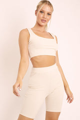 Beige Ribbed Crop Top and Cycling Shorts Co-ord - Nina-Co-ords