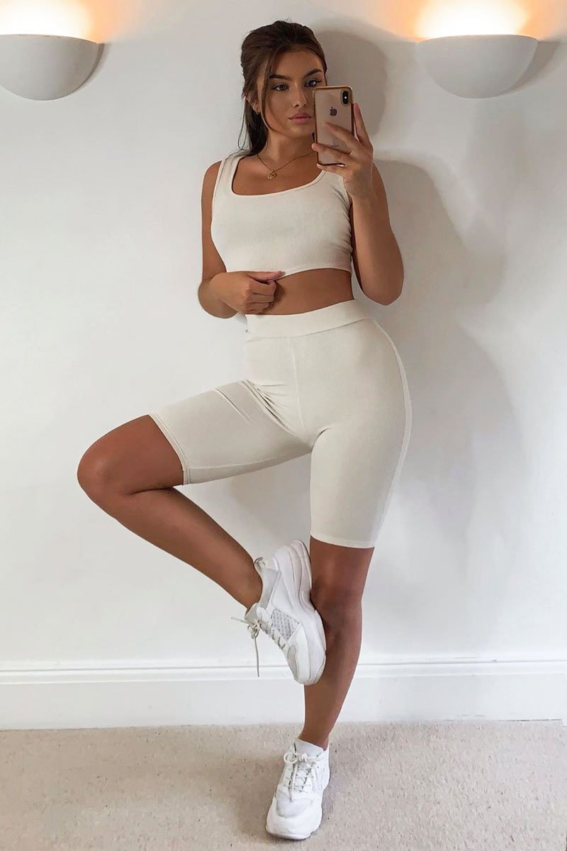Beige Ribbed Crop Top and Cycling Shorts Co-ord - Nina-Co-ords