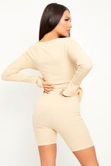 Beige Ribbed Double Zip Top Cycling Short Co-ord - Jamia-Co-ords