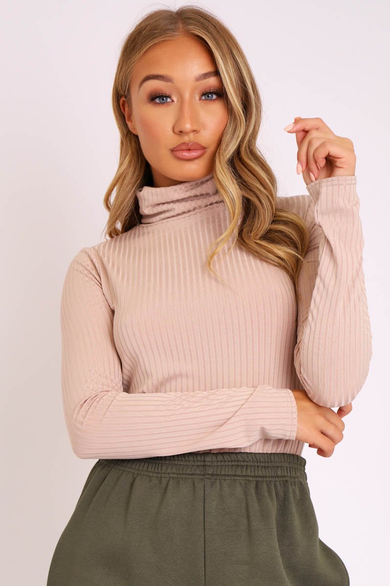 Beige Ribbed High Neck Long Sleeve Top - Marci-Tops