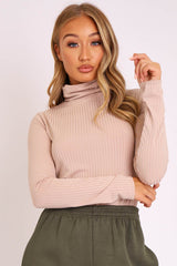 Beige Ribbed High Neck Long Sleeve Top - Marci-Tops