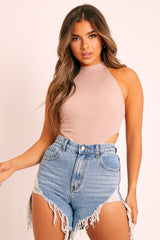 Beige Ribbed High Neck Sleeveless Bodysuit - Electra-Bodysuits