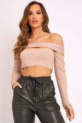 Beige Ribbed Long Sleeve Extreme Cut Out Crop Top - Shaina-Crop Tops