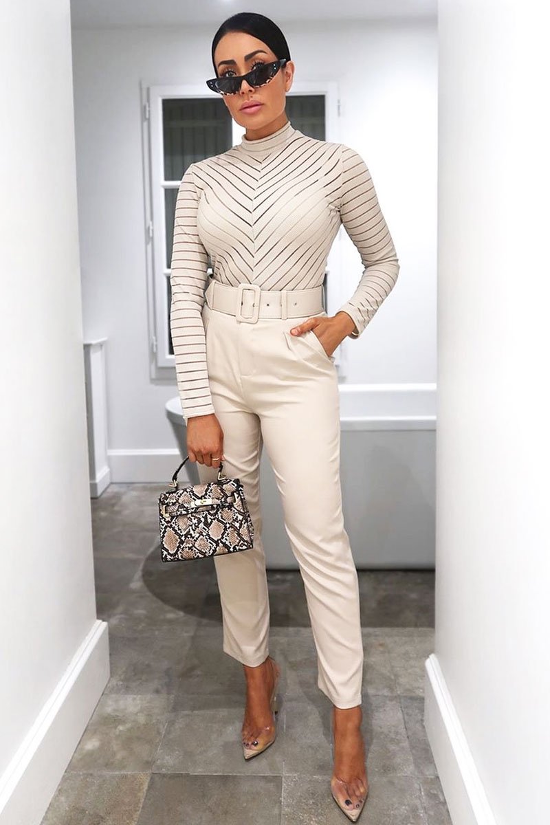 Beige Ribbed Mesh Panel Long Sleeve Bodysuit - Amira-Bodysuits
