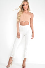 Beige Ribbed One Shoulder Lettuce Hem Top - Henlee-Crop Tops