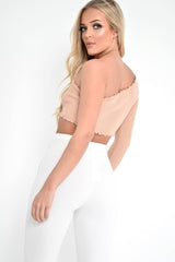 Beige Ribbed One Shoulder Lettuce Hem Top - Henlee-Crop Tops