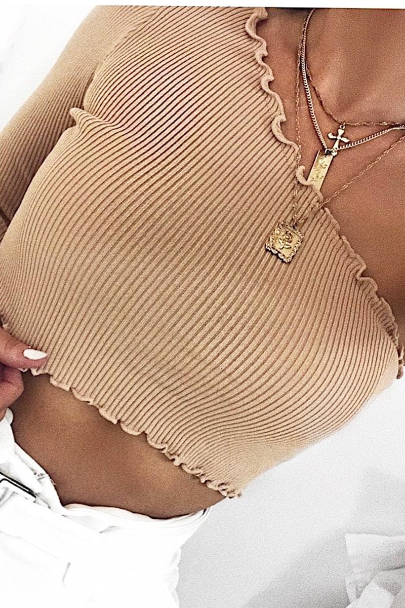 Beige Ribbed One Shoulder Lettuce Hem Top - Henlee-Crop Tops
