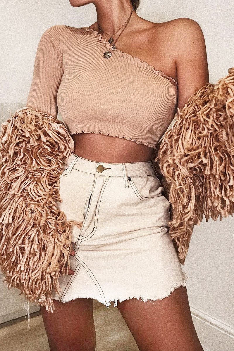 Beige Ribbed One Shoulder Lettuce Hem Top - Henlee-Crop Tops