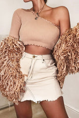 Beige Ribbed One Shoulder Lettuce Hem Top - Henlee-Crop Tops