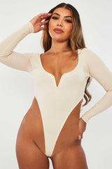 Beige Ribbed Plunge High Cut Bodysuit - Fawn-Bodysuits