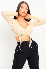 Beige Ribbed Plunge Neckline Crop Top - Kaile-Crop Tops