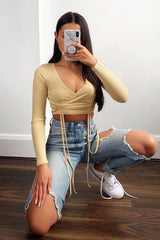 Beige Ribbed Plunge Neckline Crop Top - Kaile-Crop Tops