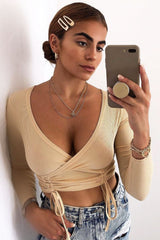 Beige Ribbed Plunge Neckline Crop Top - Kaile-Crop Tops