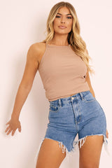 Beige Ribbed Racer Neck Top - Daley-Tops