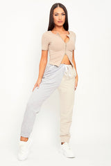 Beige Ribbed Short Sleeve Double Zip Top - Lara-Tops