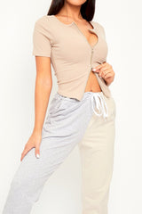 Beige Ribbed Short Sleeve Double Zip Top - Lara-Tops