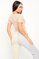 Beige Ribbed Short Sleeve Double Zip Top - Lara-Tops