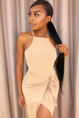 Beige Ribbed Wrap Front Tie Detail Midi Dress - Praise-Dresses