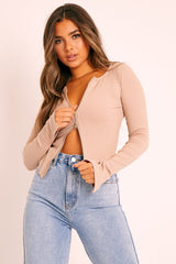 Beige Ribbed Zip Front Top - Jamoni-Tops