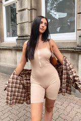 Beige Ribbed Zip Front Unitard Playsuit - Lanay-Playsuits