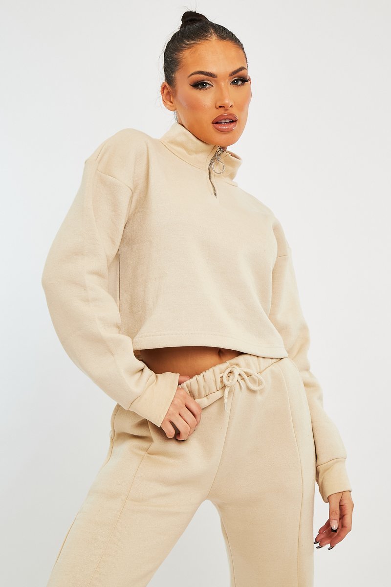 Beige Ring Zip Front High Neck Sweatshirt - Maggi-Sweatshirts
